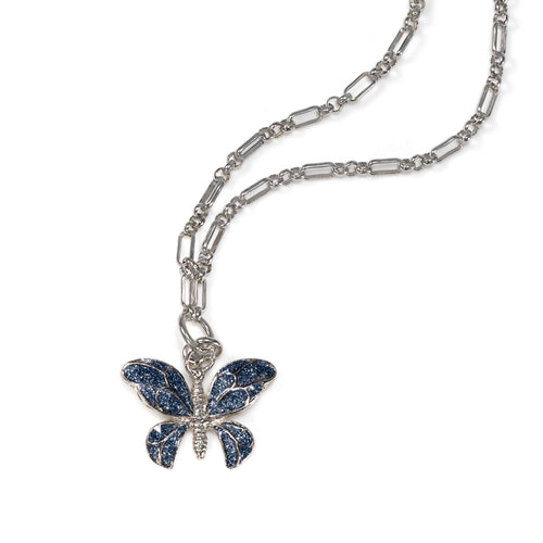 Sparkly Blue Butterfly Pendant, Sterling Silver