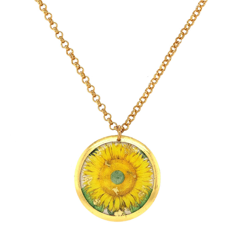 'Sunflower' Disc Enamel Pendant, Gold Leaf, by Evocateur