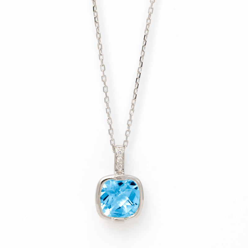 Faceted Blue Topaz and Diamond Pendant, Sterling Silver