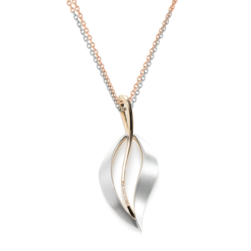 Modern Open Leaf Pendant, Sterling Silver with Rose Gold Detail