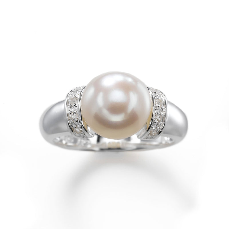 Freshwater Cultured Pearl and White Topaz Ring, Sterling Silver