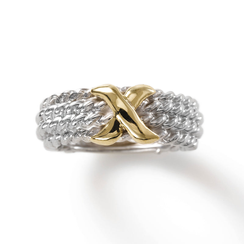 Rope Design with Gold 'X' Ring, Sterling Silver and 14K Yellow Gold