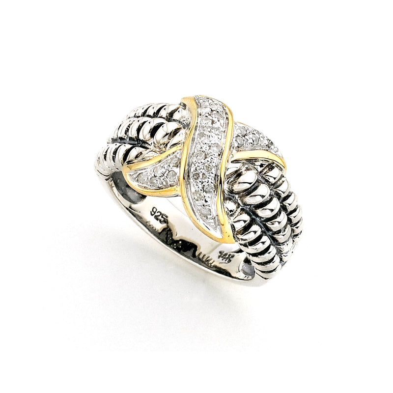Rope Design Diamond Ring, Sterling Silver and 14K Gold
