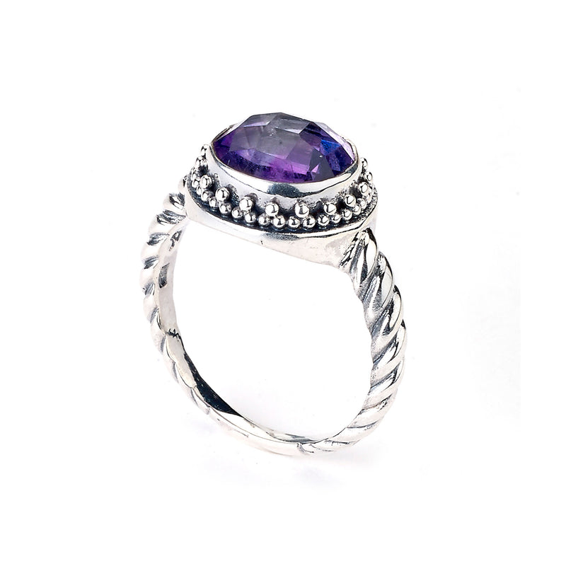 Round Faceted Amethyst Ring, Sterling Silver