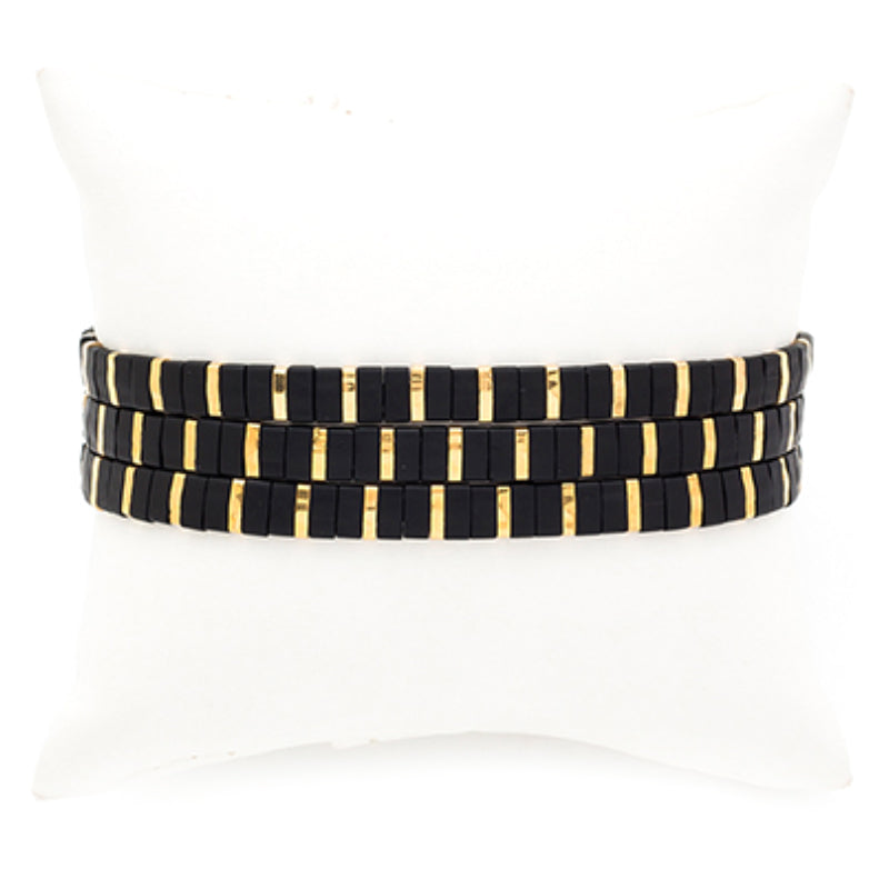 Black and Gold Ceramic Tile Stretch Bracelets, Set of 3