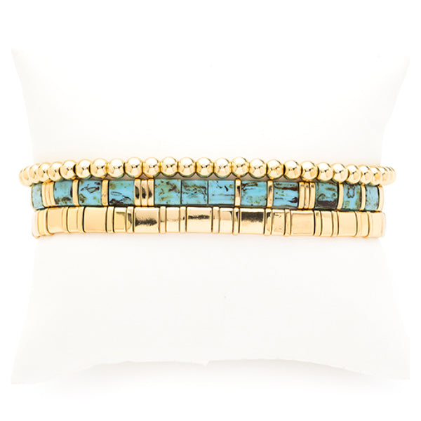 Turquoise and Golden Ceramic Tile Stretch Bracelets, Set of 3
