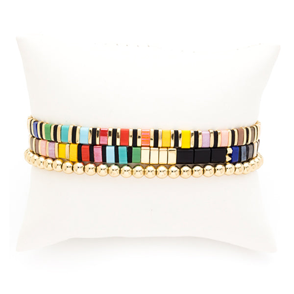 Multi Color Ceramic Tile and Gold Bead Stretch Bracelets, Set of 3