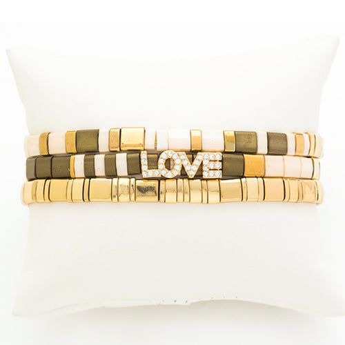 Olive and Gold Ceramic Tile Stretch Bracelets with Love Charm, Set of 3