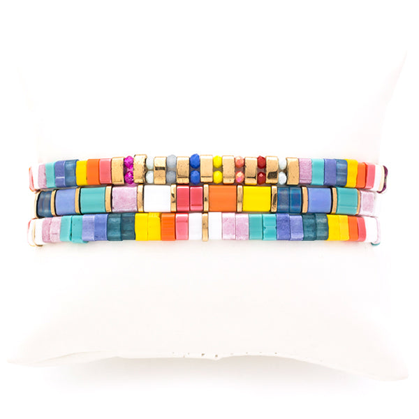 Multi Color Ceramic Tile Stretch Bracelets, Set of 3
