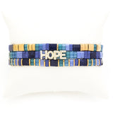 Blue and Golden Ceramic Tile Stretch Bracelets with Hope Charm, Set of 3