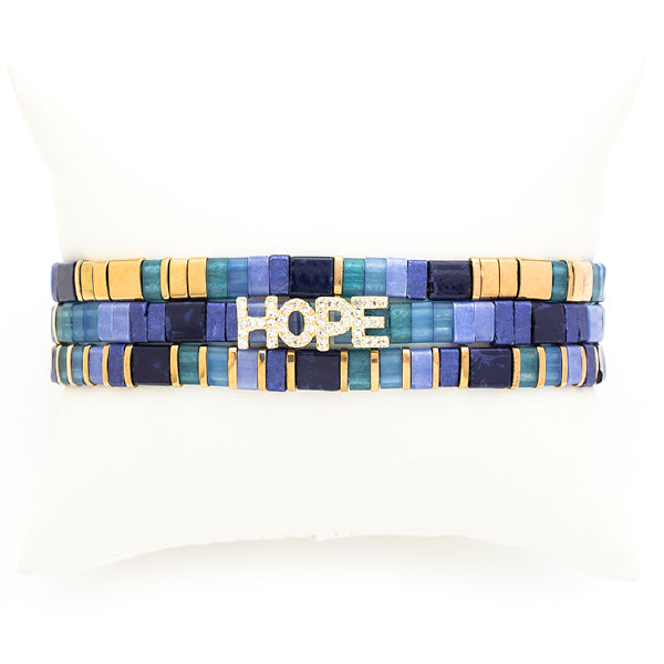 Blue and Golden Ceramic Tile Stretch Bracelets with Hope Charm, Set of 3