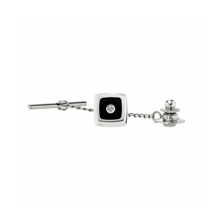 Black Enamel Tie Pin with Diamond Accent, Stainless Steel