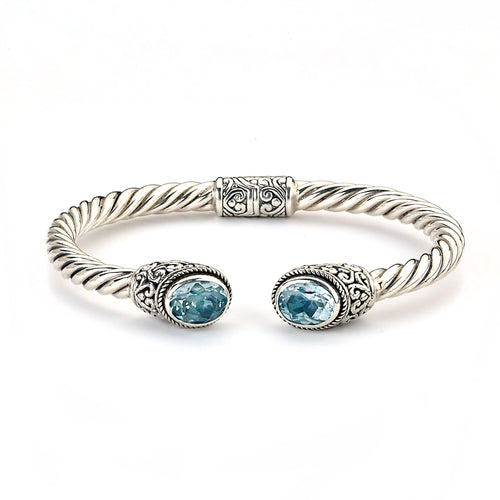 Hinged Cuff with Blue Topaz Ends, Sterling Silver