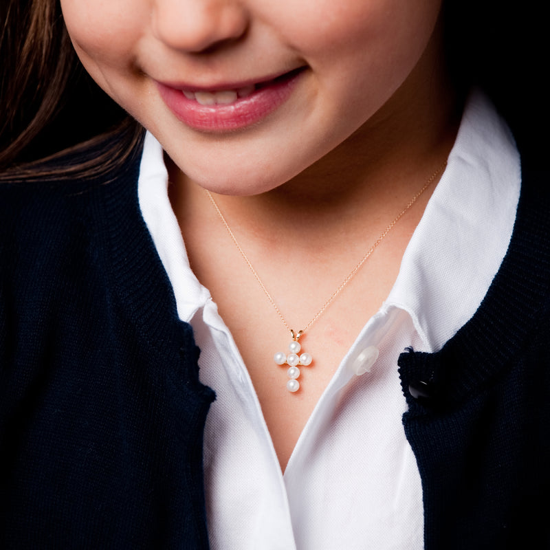 Child's Cultured Pearl Cross Pendant, 14K