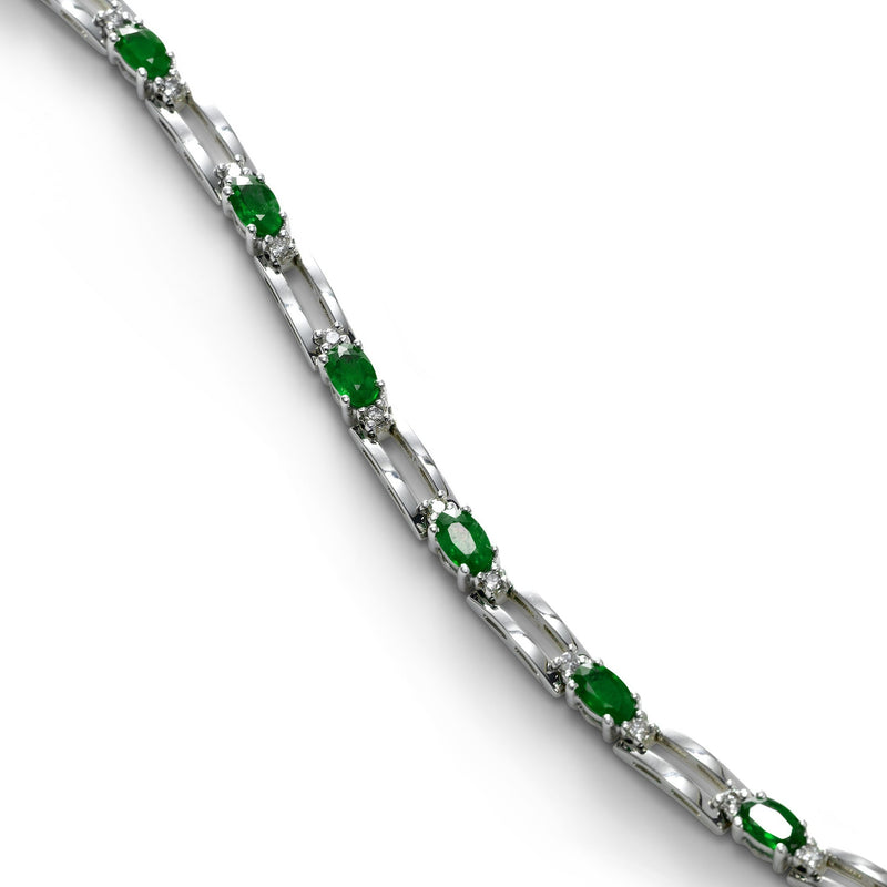 Oval Emerald and Diamond Link Bracelet, 14K White Gold