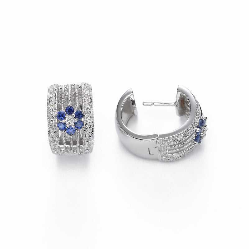 Sapphire and Pave Floral Diamond Hoop Earring, 14K White Gold