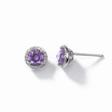 Round Amethyst And Diamond Earrings, 14K White Gold