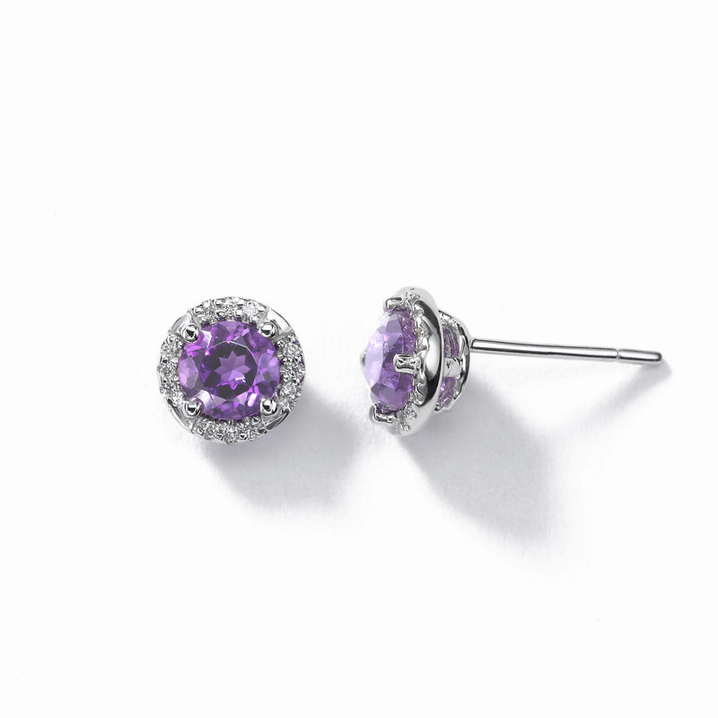 Round Amethyst And Diamond Earrings, 14K White Gold