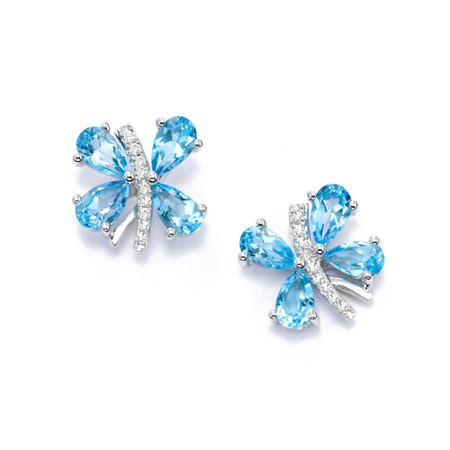 Butterfly Earrings with Blue Topaz and Diamonds, 14K White Gold