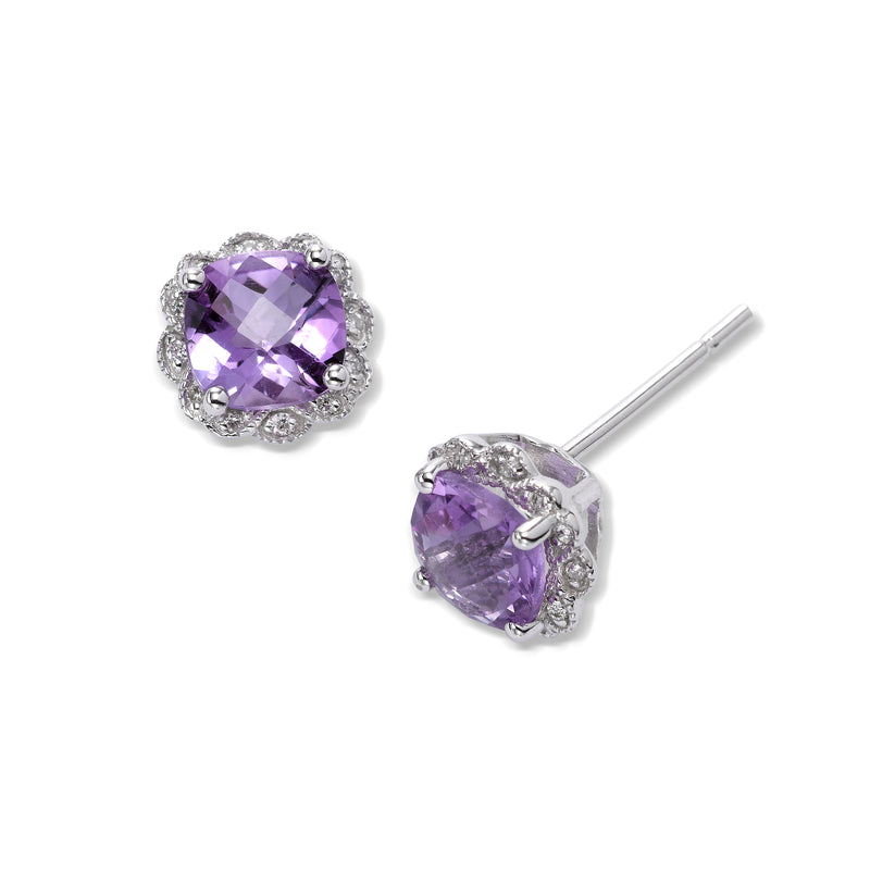 Faceted Amethyst and Diamond Earrings, 14K White Gold