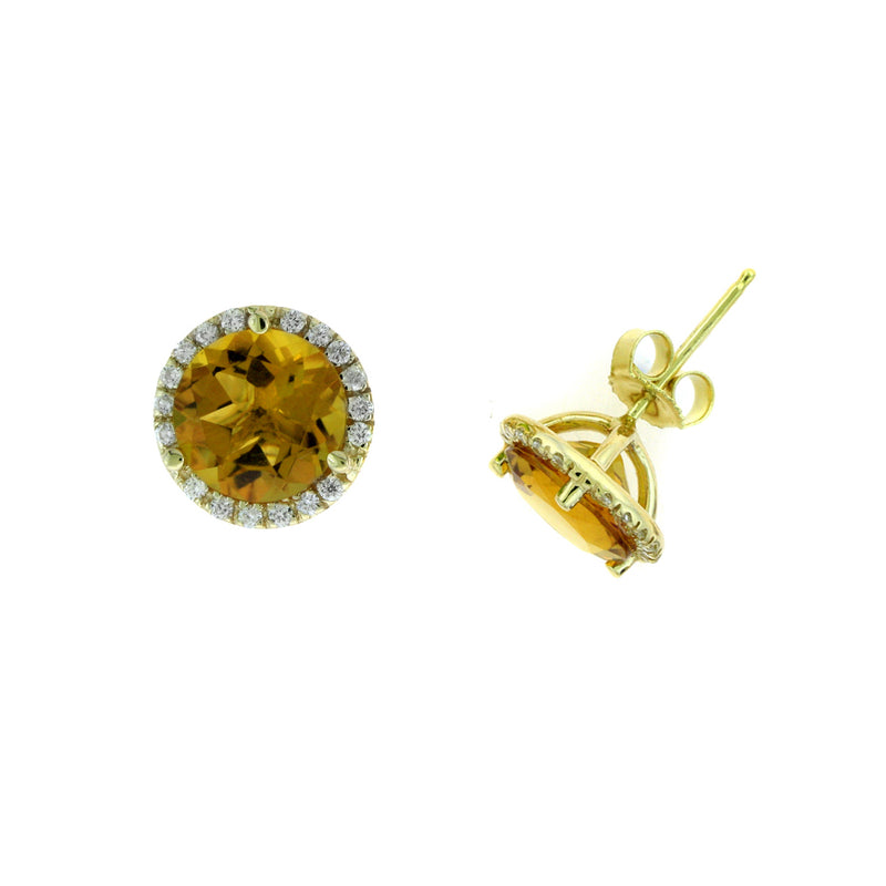 Round Citrine And Diamond Halo Earrings, 14K Yellow Gold