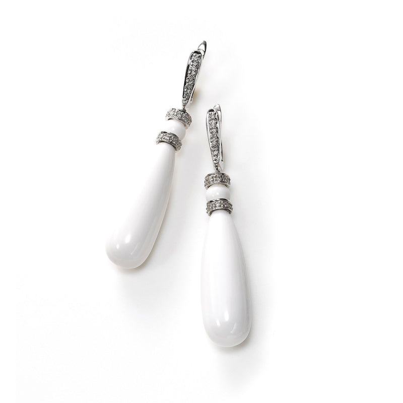 White Agate and Diamond Dangle Earrings, 14K White Gold