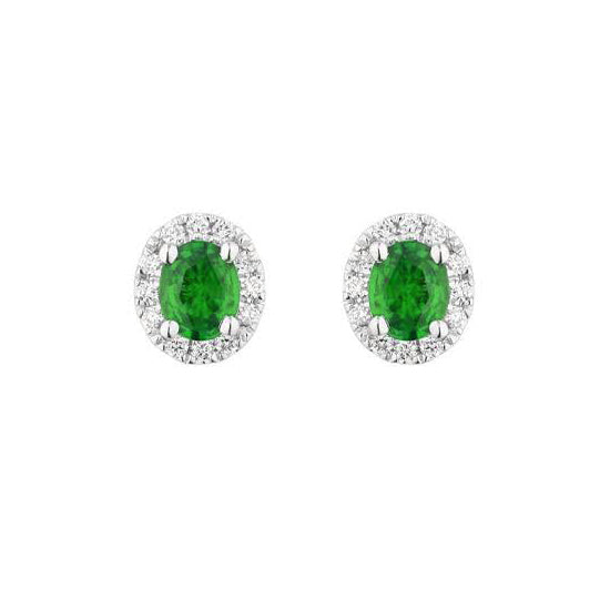Oval Emerald and Diamond Stud Earrings, 14K White Gold