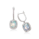 Cushion Cut Opal and Diamond Halo Earrings, 14K White Gold