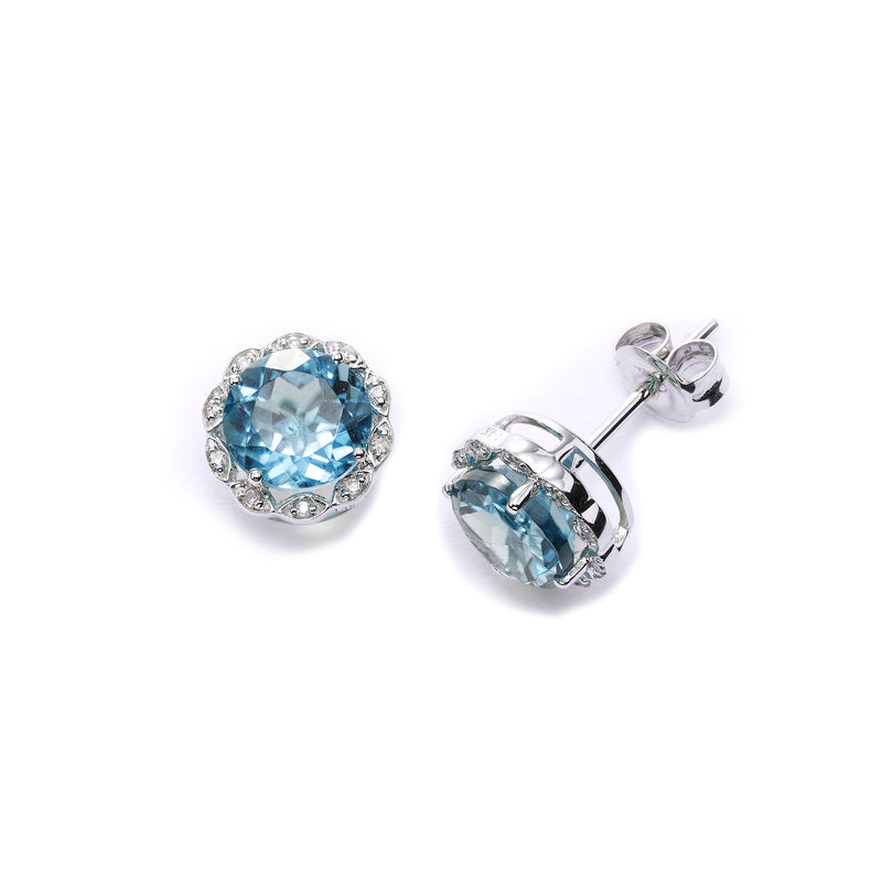 Round Faceted Blue Topaz and Diamond Earrings, 14K White Gold