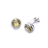 Round Faceted Lemon Quartz and Diamond Earrings, 14K White Gold