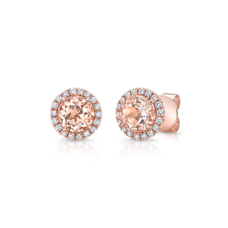 Morganite and Diamond Halo Earrings,14K Rose Gold