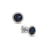 Round Sapphire with Diamond Halo Earrings, 14K White Gold