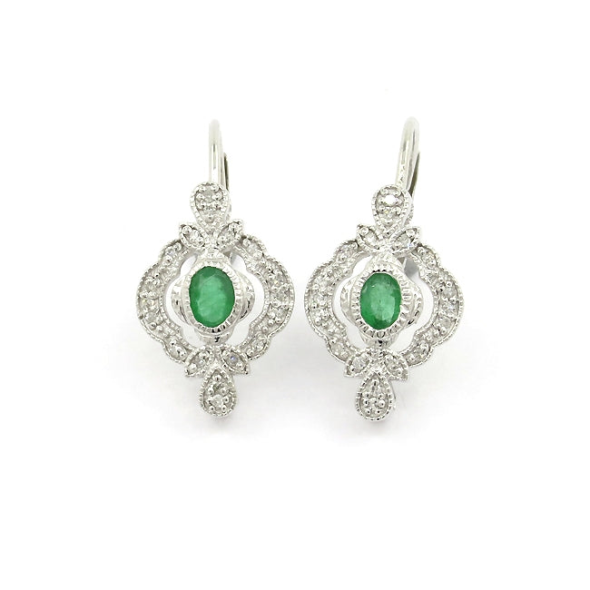 Vintage Style Emerald and Diamond Earrings, 14K White Gold