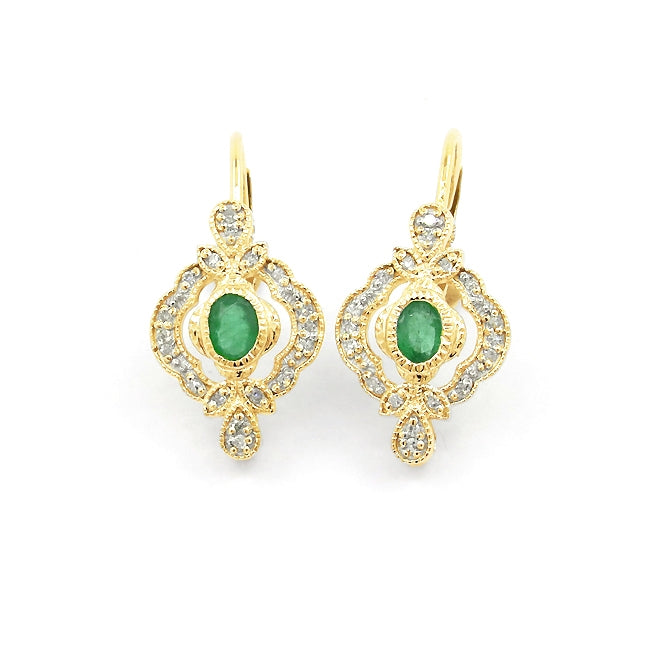 Vintage Style Emerald and Diamond Earrings, 14K Yellow Gold