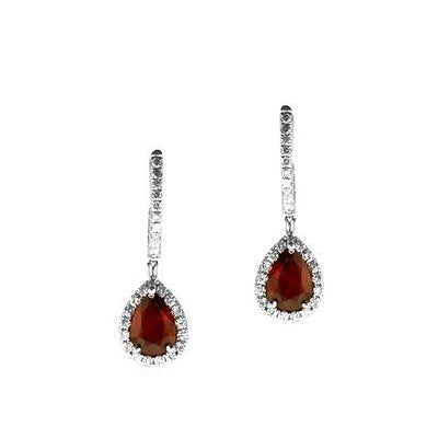 Pear Shaped Ruby and Diamond Drop Earrings, 14K White Gold