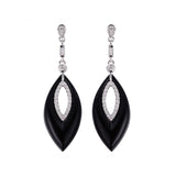 Marquise Shape Black Agate and Diamond Dangle Earrings, 14K White Gold