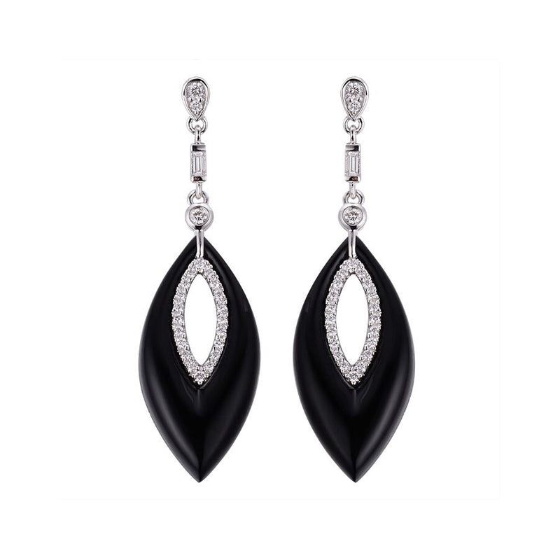 Marquise Shape Black Agate and Diamond Dangle Earrings, 14K White Gold