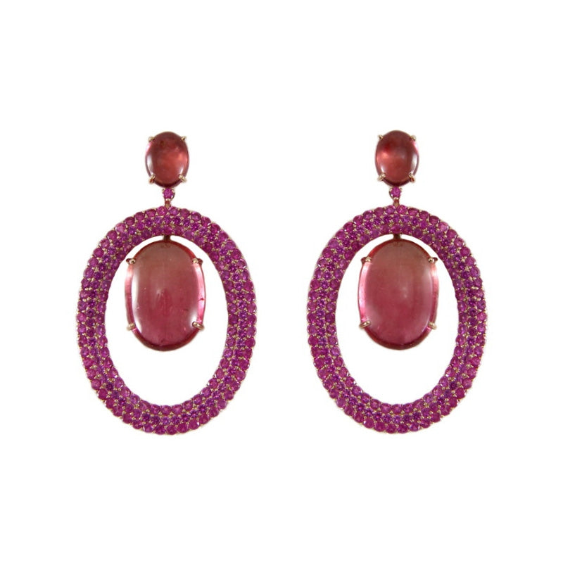 Pink Tourmaline and Ruby Chandelier Earrings, 18K Yellow Gold