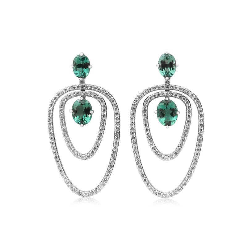 Green Tourmaline and Diamond Dangle Earrings, 18K White Gold