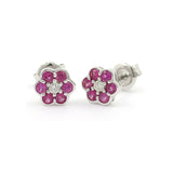 Ruby and Diamond Flower Earrings, 14K White Gold