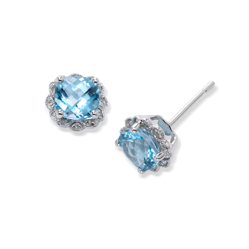 Faceted Blue Topaz and Diamond Earrings, 14K White Gold