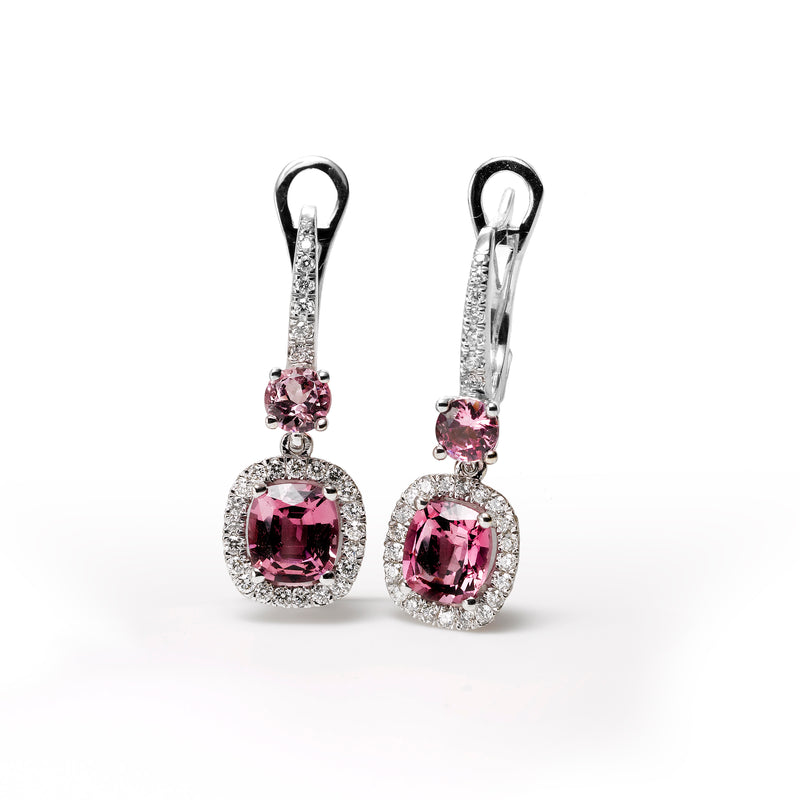 Oval Pink Spinel and Diamond Dangle Earrings, 18K White Gold