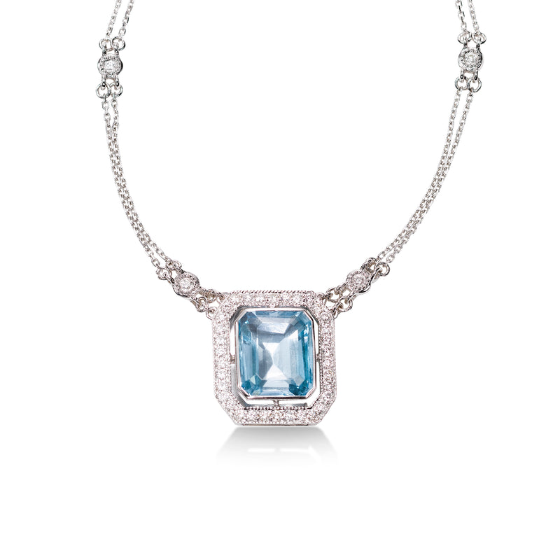 Emerald Cut Blue Topaz and Diamond Necklace, 14K White Gold