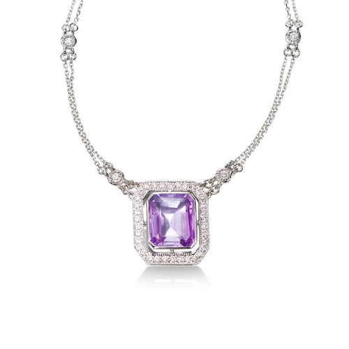 Emerald Cut Amethyst and Diamond Necklace, 14K White Gold