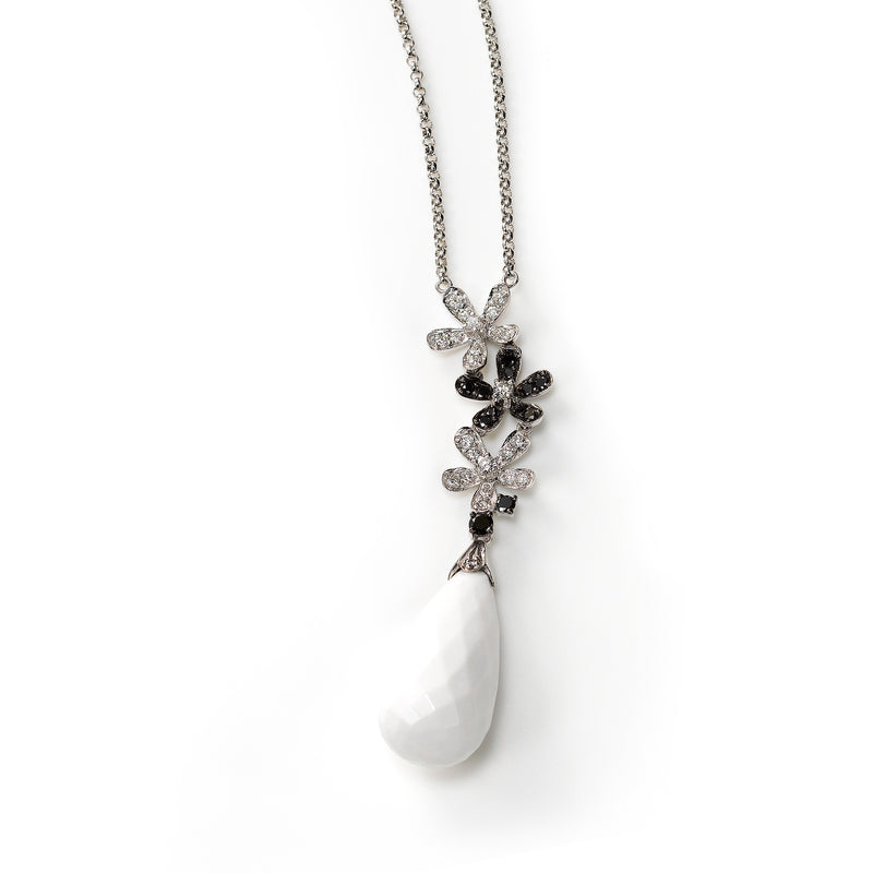 White Agate and Diamond Necklace, 14K White Gold