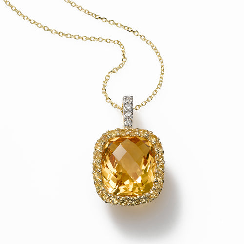 Citrine, Yellow Sapphire with Diamond Pendant, 14K Yellow Gold