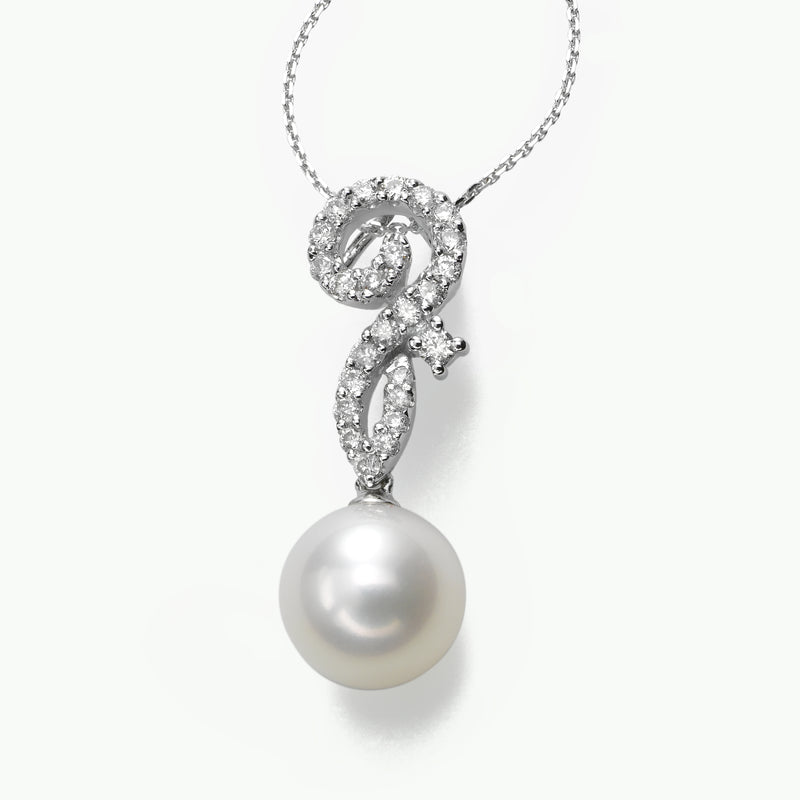 Diamond Swirl Top Cultured Pearl Pendant, 8MM, 14K White Gold