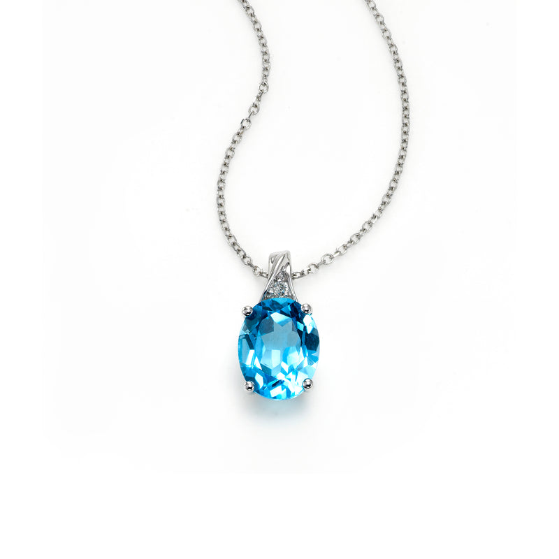 Oval Blue Topaz Pendant with Diamond Accent, 14K White Gold