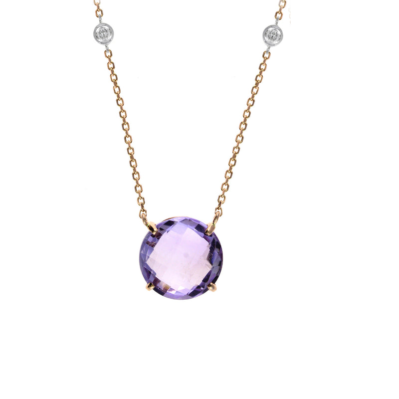 Round Amethyst Necklace With Diamond Accent, 14K Rose Gold