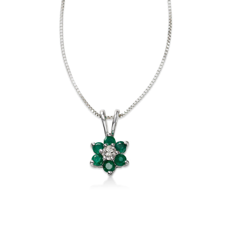 Emerald and Diamond Flower Pendant, 14K White Gold